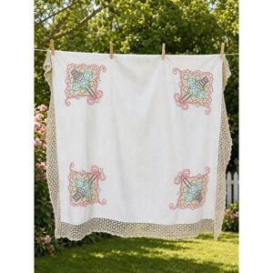 Vintage Embroidered Floral Linen Tablecloth Hand Crocheted Lace Trim White